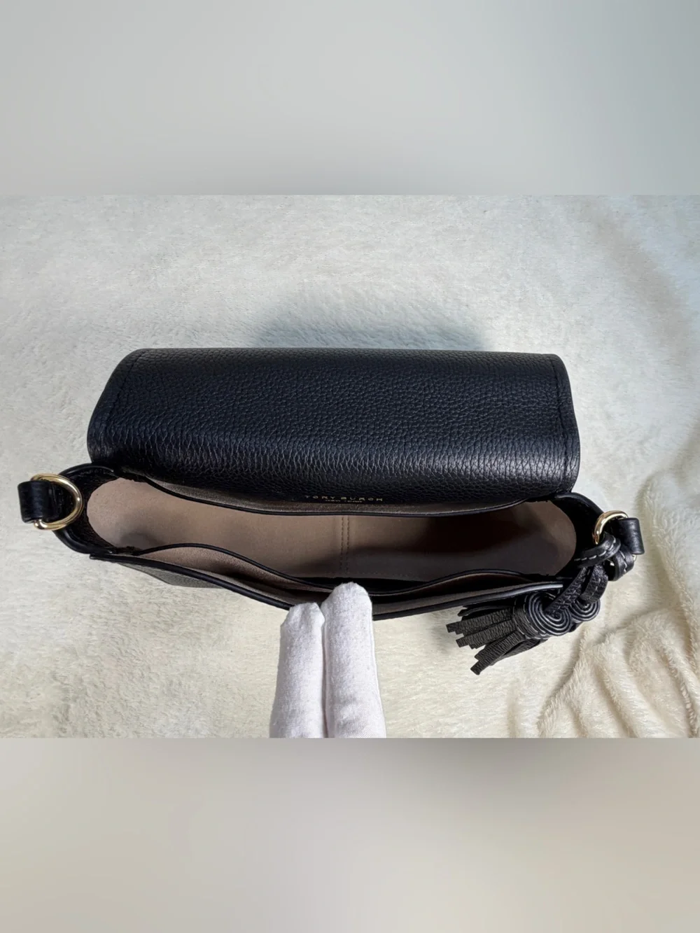 Tory Burch Thea Flap Black Pebbled Leather‎ Crossbody with Tassel and Wide Strap